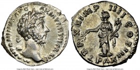 Marcus Aurelius (AD 161-180). AR denarius (19mm, 3.38 gm, 5h). NGC Choice MS 5/5 - 5/5. Rome, summer-December AD 166. M ANTONINVS AVG-ARM PARTH MAX, l...