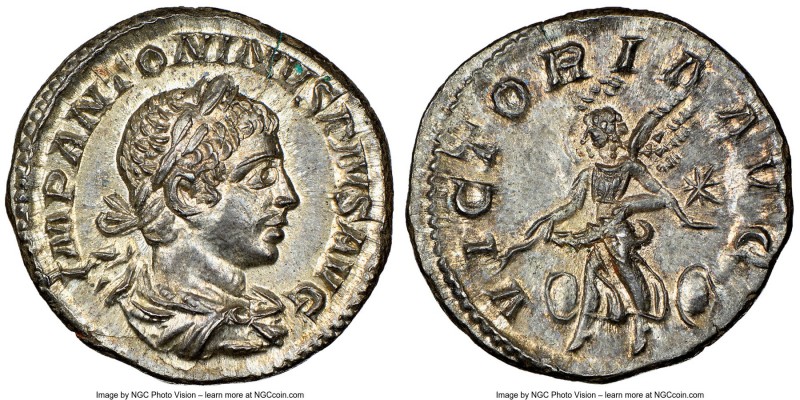 Elagabalus (AD 218-222). AR denarius (18mm, 3.47 gm, 11h). NGC MS S 5/5 - 5/5. R...