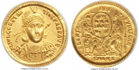 Constantius II, as Augustus (AD 337-361). AV solidus (20mm, 7h). ANACS AU 50. Antioch, 10th officina, AD 355-361. FL IVL CONSTAN-TIVS PERP AVG, pearl-...