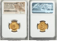 Honorius, Western Roman Empire (AD 393-423). AV solidus (20mm, 4.49 gm, 1h). NGC Choice AU 4/5 - 3/5, flan flaws. Sirmium, 4th officina, ca. AD 393-39...