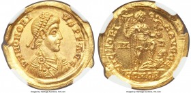 Honorius, Western Roman Empire (AD 393-423). AV solidus (21mm, 4.45 gm, 1h). NGC MS S 5/5 - 4/5. Milan, AD 395-402. D N HONORI-VS P F AVG, pearl-diade...