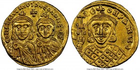 Constantine V Copronymus (AD 740/1-775), with Leo IV. AV solidus (20mm, 4.44 gm, 5h). NGC Choice AU 5/5 - 4/5. Constantinople, AD 757-775. COhSTAhTInO...