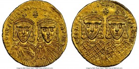 Leo IV the Khazar (AD 775-780), with Constantine VI, Leo III, and Constantine V. AV solidus (20mm, 4.42 gm, 6h). NGC Choice AU 4/5 - 4/5. Constantinop...