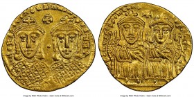 Constantine VI (AD 780-797), with Leo IV the Khazar, Leo III, and Constantine V. AV solidus (22mm, 4.38 gm, 6h). NGC AU 5/5 - 4/5. Constantinople, AD ...