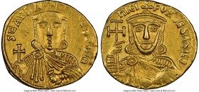 Nicephorus I and Stauracius (AD 803-811). AV solidus (19mm, 4.33 gm, 6h). NGC AU 4/5 - 3/5, edge filing, scratches. Constantinople. hICI-FOROS bASILЄ'...