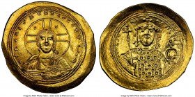 Constantine IX Monomachus (AD 1042-1055). AV histamenon nomisma (28mm, 4.39 gm, 5h). NGC MS 5/5 - 5/5. Constantinople. +IhS XIS RЄX RЄΣNANTInm, bust o...