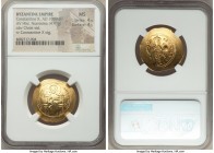 Constantine X Ducas (AD 1059-1067). AV histamenon nomisma (25mm, 4.41 gm, 6h). NGC MS 4/5 - 4/5. Constantinople. +IhS IXS RЄX-RЄSNANTIhm, Christ seate...