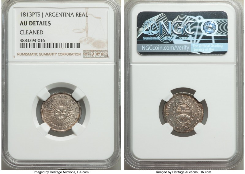 Rio de la Plata Real 1813 PTS-J AU Details (Cleaned) NGC, Potosi mint, KM2. One ...