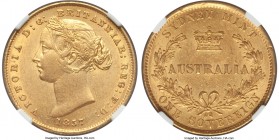 Victoria gold Sovereign 1857-SYDNEY AU58 NGC, Sydney mint, KM4. Tied for the finest certified of this earlier date at NGC, and the first year for the ...