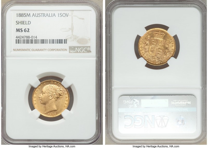 Victoria gold "Shield" Sovereign 1885-M MS62 NGC, Melbourne mint, KM6. AGW 0.235...