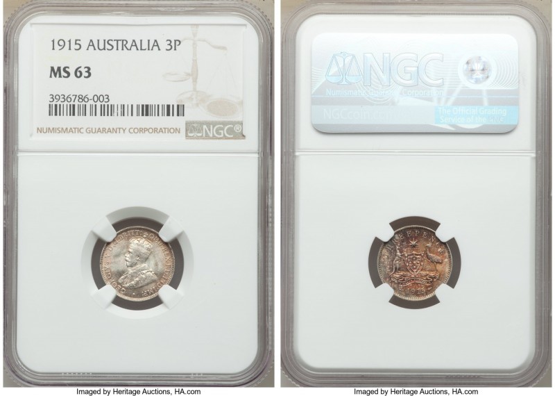 George V 3 Pence 1915 MS63 NGC, London mint, KM24. Light russet toning on the ob...