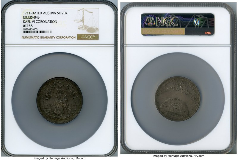 Karl VI silver "Coronation" Medal 1711-Dated AU55 NGC, Julius-843, Montenuovo-13...