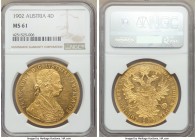 Franz Joseph I gold 4 Ducat 1902 MS61 NGC, KM2276. A piece which very much seems wanting of a Proof or Prooflike designation, the surfaces possessing ...