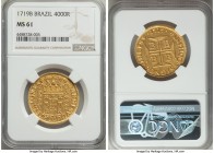 João V gold 4000 Reis 1719-B MS61 NGC, Bahia mint, KM106, Fr-30, LMB-65. A very cleanly struck and preserved specimen, much more satin in the fields t...