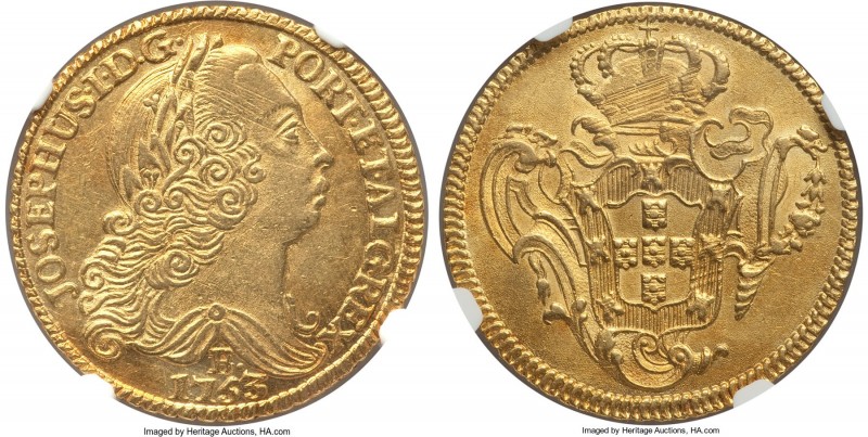 Jose I gold 6400 Reis 1753-B MS61 NGC, Bahia mint, KM172.1. While the surfaces a...