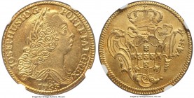 Jose I gold 6400 Reis 1753-B MS61 NGC, Bahia mint, KM172.1. While the surfaces appear somewhat muted, it is certainly true that this example lacks mos...