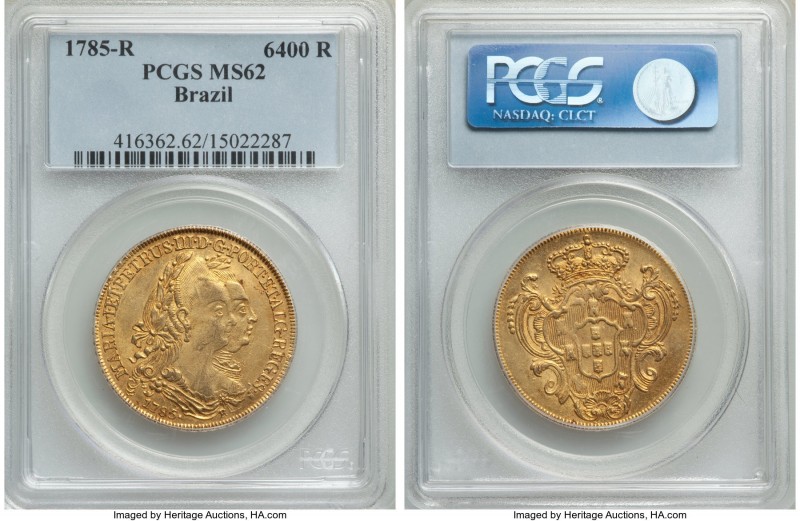 Maria I & Pedro III gold 6400 Reis 1785-R MS62 PCGS, Rio de Janeiro mint, KM199....