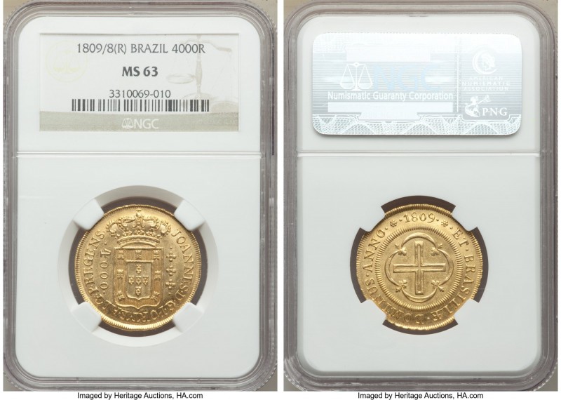 João Prince Regent gold 4000 Reis 1809/8-(R) MS63 NGC, Rio de Janeiro mint, KM23...