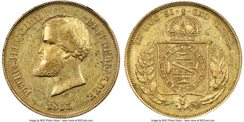 Pedro II gold 10000 Reis 1863 AU53 NGC, Rio de Janeiro mint, KM467. AGW 0.2643 o...