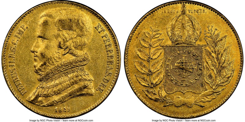 Pedro II gold 20000 Reis 1849 AU55 NGC, Rio de Janeiro mint, KM461. Mintage: 6,4...