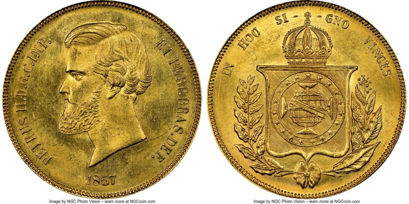 Pedro II gold 20000 Reis 1857 MS63 NGC, Rio de Janeiro mint, KM468. AGW 0.5286 o...