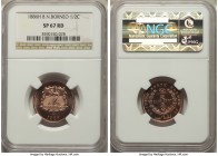 British Protectorate Specimen 1/2 Cent 1886-H SP67 Red NGC, Heaton mint, KM1. A fully red offering with hardly the least evidence of tone. 

HID098012...