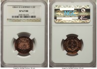 British Protectorate Specimen 1/2 Cent 1886-H SP67 Red and Brown NGC, Heaton mint, KM1. Fully prooflike surfaces with delicately frosted devices.

HID...