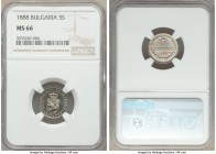 Ferdinand I 5 Stotinki 1888 MS66 NGC, KM9. Almost certainly a specimen striking of this one-year type, the rims sharp and raised, the surfaces brillia...