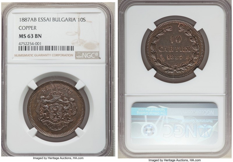 Ferdinand I copper Essai 10 Santim 1887-A.B. MS63 Brown NGC, Brussels mint, KM-E...