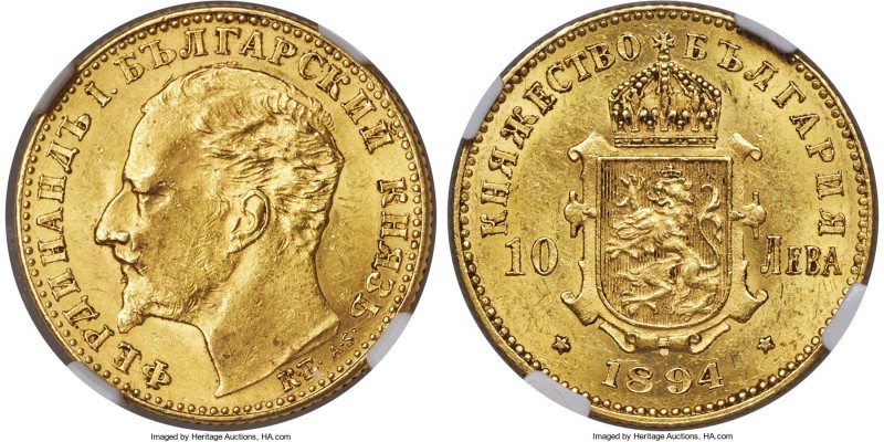 Ferdinand I gold 10 Leva 1894-KB MS62 NGC, Kremnitz mint, KM19. A scarce one-yea...