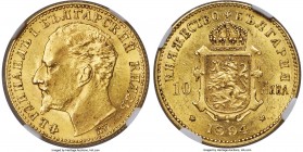 Ferdinand I gold 10 Leva 1894-KB MS62 NGC, Kremnitz mint, KM19. A scarce one-year type, made scarcer still by its near-choice grade. Abundantly lustro...