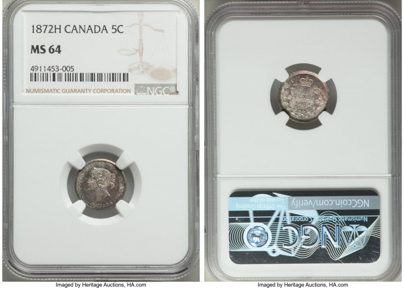 Victoria 5 Cents 1872-H MS64 NGC, Heaton mint, KM2. Toned to absolute perfection...