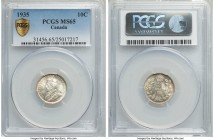 George V 10 Cents 1935 MS65 PCGS, Royal Canadian mint, KM23a. A scarcer date in such lofty grades with bold satin texture and ample mint luster that r...