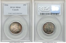 George V 25 Cents 1936 MS66 PCGS, Royal Canadian mint, KM24a. A superb specimen from all angles, tied with the George Cook specimen and just 2 others ...