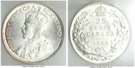 George V "Bar" 25 Cents 1936 MS63 ICCS, Royal Canadian mint, KM24a. Variety with die break ("bar") connecting the ribbon ties on the reverse. A scarce...