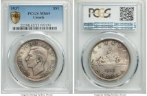 George VI Dollar 1937 MS65 PCGS, Royal Canadian mint, KM37. Showcasing an alluring mottled tone with considerable backlight. 

HID09801242017