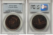 George VI Matte Specimen Dollar 1939 SP65 PCGS, Royal Canadian mint, KM38. Splotchy cobalt, magenta, and deep peachy tones engulf the whole coin for a...