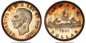George VI "Pointed 7 - Quadrupled HP" Dollar 1947 MS63 PCGS, Royal Canadian mint, KM37. Pointed 7, Quadrupled HP variety. Charmingly toned and present...