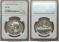 George VI Dollar 1948 AU58 NGC, Royal Canadian mint, KM46. An attractive rendition of this coveted year with faint die polish in the obverse margins. ...