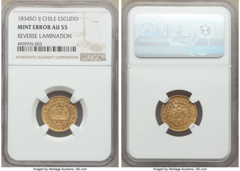 Republic Mint Error - Reverse Lamination gold Escudo 1834 So-IJ AU55 NGC, Santia...