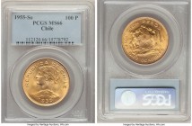 Republic gold 100 Pesos 1955-So MS66 PCGS, Santiago mint, KM175. AGW 0.5885 oz.

HID09801242017