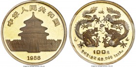 People's Republic gold Proof "Year of the Dragon" 100 Yuan (1 oz) 1988, KM196, Fr-B66, Cheng-pg. 53, 3. Lunar issue. Obv. Temple of heaven with date b...