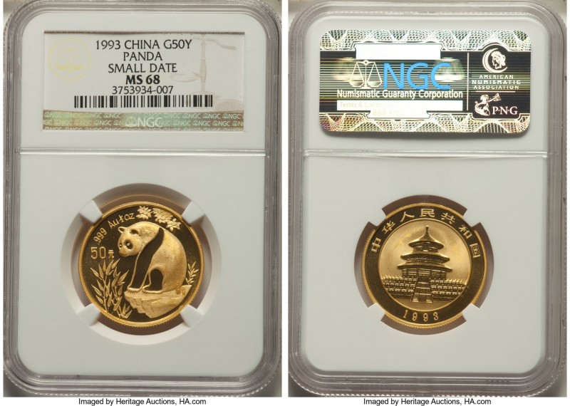 People's Republic gold "Small Date" Panda 50 Yuan (1/2 oz) 1993 MS68 NGC, Shenya...