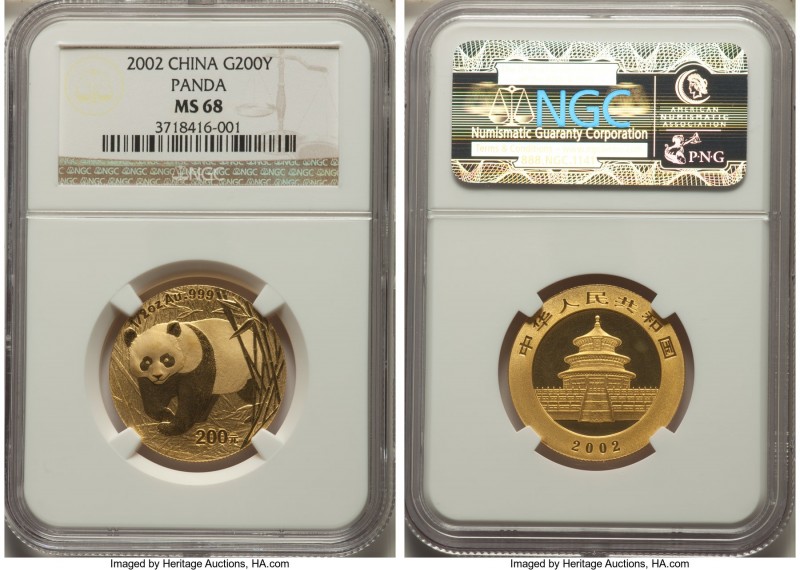 People's Republic gold Panda 200 Yuan (1/2 oz) 2002 MS68 NGC, KM1459, PAN-350A. ...