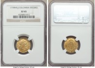 Charles III gold Escudo 1778 NR-JJ XF45 NGC, Nuevo Reino mint, KM48.1 (only lists as overdate 1778/7). 

HID09801242017
