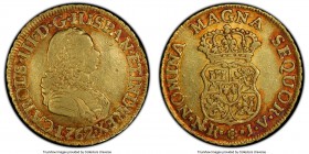 Charles III gold 2 Escudos 1762 NR-JV XF45 PCGS, Nuevo Reino mint, KM36.1. Bust of Ferdinand VI right / Crowned arms. Medium gold centers with sunset ...