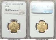 Charles III gold 2 Escudos 1764/3 NR-JV XF40 NGC, Nuevo Reino mint, KM40. Early issue of type, a lighter butter-gold shade, untoned and void of any de...