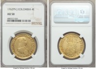 Charles III gold 4 Escudos 1762 PN-J AU50 NGC, Popayan mint, KM37. An otherwise scarce denomination that is rarely offered in a more pleasing state, s...