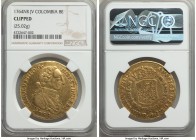 Charles III gold 8 Escudos 1764 NR-JV Clipped NGC, Nuevo Reino mint, KM41. 25.02gm. A scarcer 8 Escudos featuring the distinctive 'rat nose' portrait ...