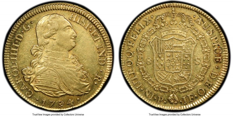 Charles IV gold 8 Escudos 1794 P-JF AU55 PCGS, Popayan mint, KM62.2, Cal-72. AGW...